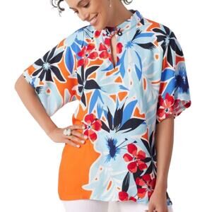 Soft Surroundings Cabana Bay Tropical Top in Vermillion Aqua Floral Size XSP